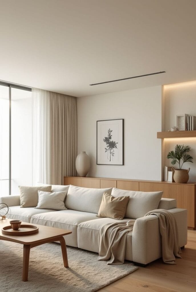Scandinavian interior design style - warm oak, linen sofa, minimal decor, layered natural textiles