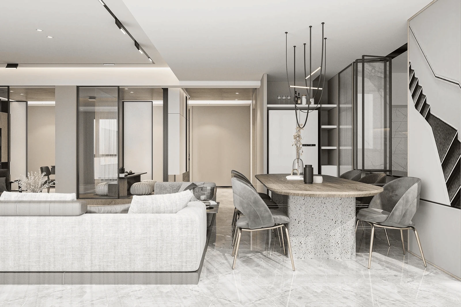 Materials furniture and lighting selected by a luxury interior designer