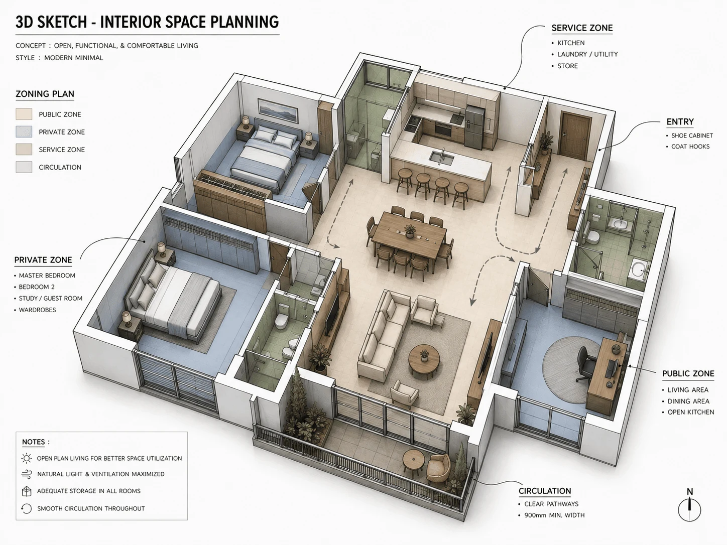 Space planning as one of the interior design process steps